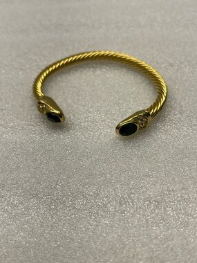Gold-Tone Twisted Cable Open Cuff Bracelet with Dark Green Stones